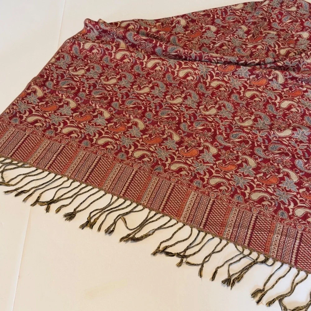 Pashmina Silk Blend Paisley Floral Scarf Wrap Red Orange Fringed Tassel 76x27